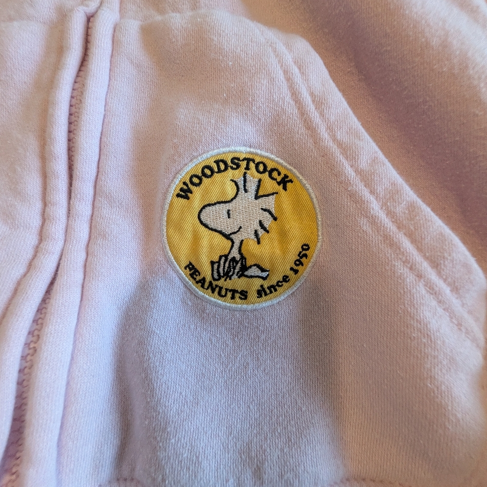 Peanuts Ladies Light Pink Snoopy Woodstock Hoodie XS Oversized Graphic Patches - Picture 7 of 8